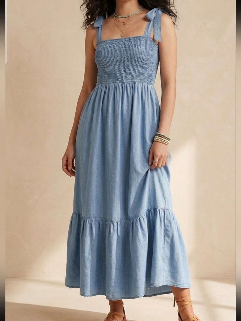 Denim Chambray Tiered Maxi Dress Size Large Western cowgirl Stampede Beach
